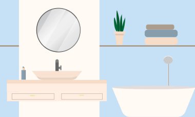 Pastel renkli aynalı banyo. Düz vektör illüstrasyonu.