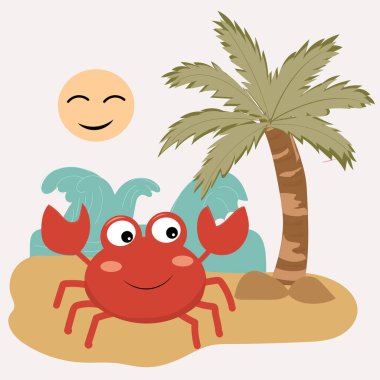 Kawaii plaj sahnesi, kumdaki büyük gözlü sevimli yengeç, palmiye ağacı, pastel mavisi okyanus dalgaları, düz vektör sanatı, yaz illüstrasyonu