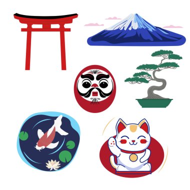 Koi balığı, torij kapısı, şanslı kedi, daruma bebeği, bonsai ağacı, Fujiama dağı izole edilmiş, Japon geleneksel illüstrasyonu, düz vektör