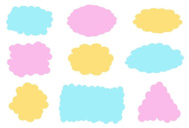 Kabarık etiket şekli, sarı, pembe, mavi noktalı bulutlar yıldız, daire, dikdörtgen, izole üçgen.