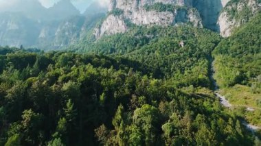 İsviçre Alpleri 'nin sarp kayalıkları yemyeşil ormanlarla kaplı güzel manzarası. Alçak bulutlar açık mavi bir gökyüzünün altında dağ zirveleri etrafında sürüklenirler. Alp yabanda bir yaz günü, İsviçre doğasının saf güzelliğini ve gücünü sergiliyor..