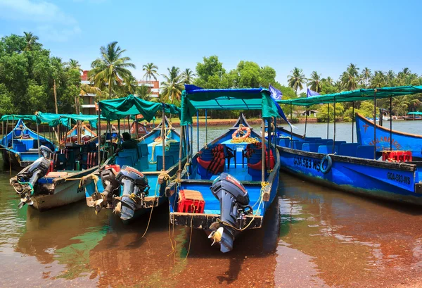 CANDOLIM, GOA, INDIA - 11 APR 2015: Le barche blu sono nel porto. Gita in barca - intrattenimento popolare ai viaggiatori in vacanza . — Foto Stock