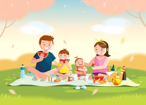 Familie Beim Picknick Sie Sitzen Und Essen Wassermelone Auf Dem — Stockvektor