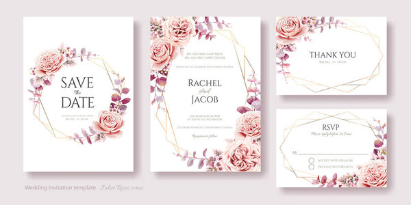 Wedding Invitation, save the date, thank you, rsvp card template. Juliet rose and wax flower with eucalyptus leaves