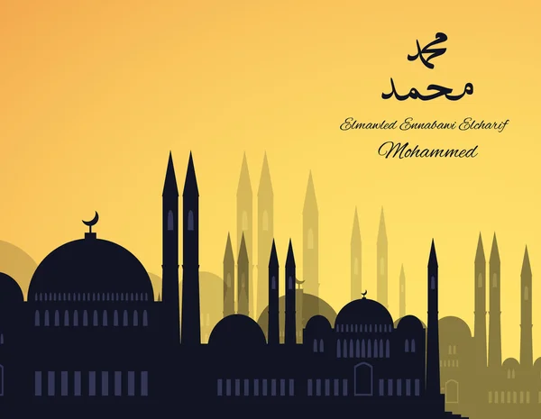 Mosques silhouette on sunset sky background. Vector — 图库矢量图片