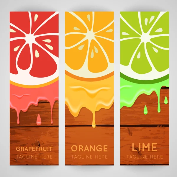 Trois bannière lumineuse avec agrumes stylisés et éclaboussures — Image vectorielle