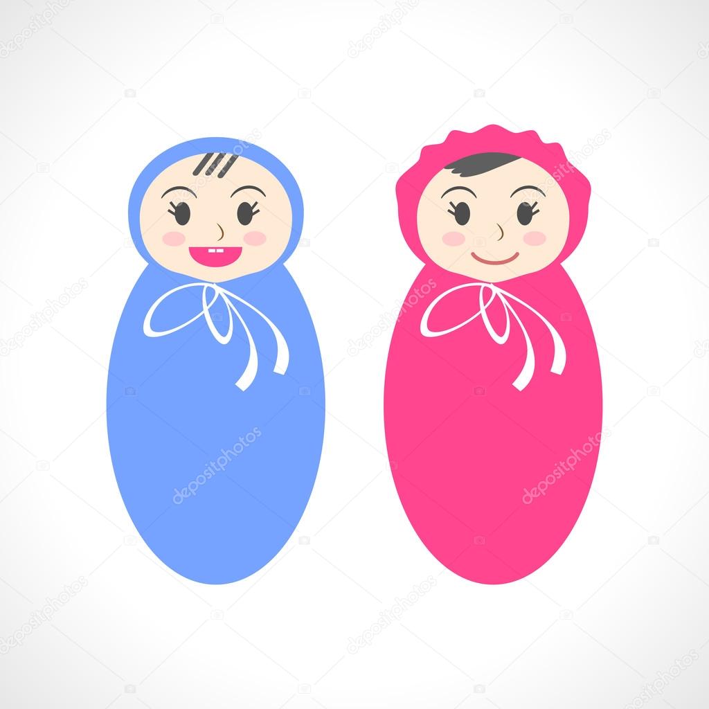 Vector illustration of cute dolls. Baby boy and baby girl. Toddler icons.  Baby arrival greeting card design. Baby shower invitation.  Logo for a company. Newborn  children sign. Funny toys