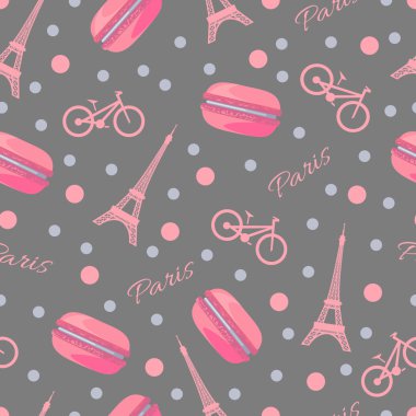 Seamless pattern with tasty macaroons, Eiffel Tower, Paris, bike and dots