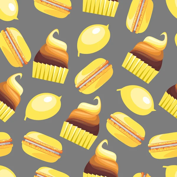 Nahtloses Muster mit leckeren Makronen, Cupcake, Kuchen und Zitrone — Stockvektor