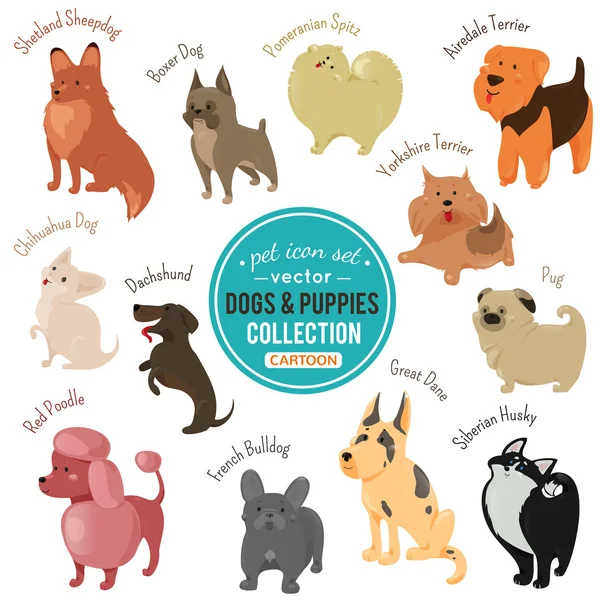 Vector dogs and puppies depicting different fur color and breeds — Stock Vector