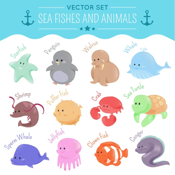 Vector sea fishes and animals — Stockvector