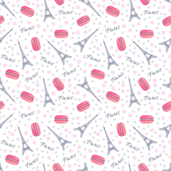 Seamless pattern with tasty macaroons, Eiffel Tower, Paris and dots — Stok Vektör
