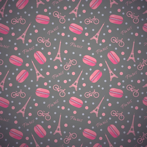 Pattern with tasty macaroons, Eiffel Tower, Paris, bike and dots — Stockový vektor