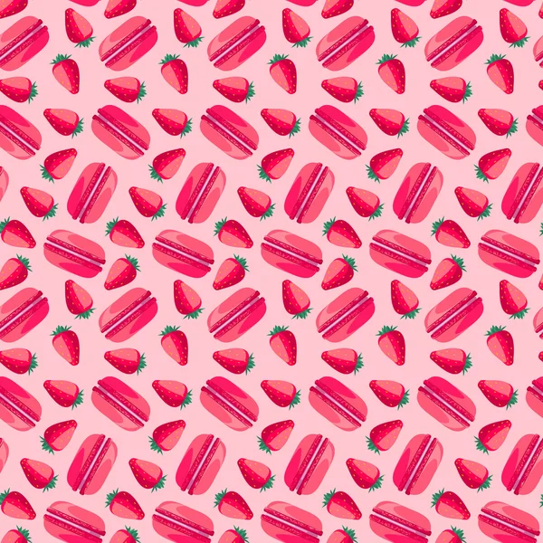Nahtloses Muster mit leckeren Makronen, Cupcake, Kuchen und Erdbeere — Stockvektor