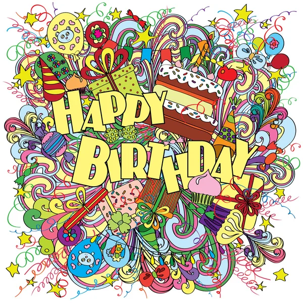 Feliz cumpleaños doodle tarjeta de felicitación en el fondo con elementos de celebración . — Vector de stock