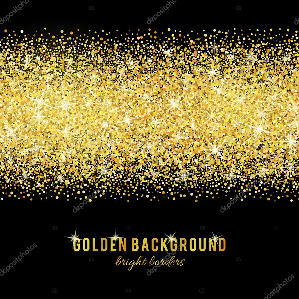 Gold glitter texture isolated on black background. Vector illustration for golden shimmer background. Sparkle sequin tinsel yellow bling. For sale gift card, brightly vibrant certificate, voucher