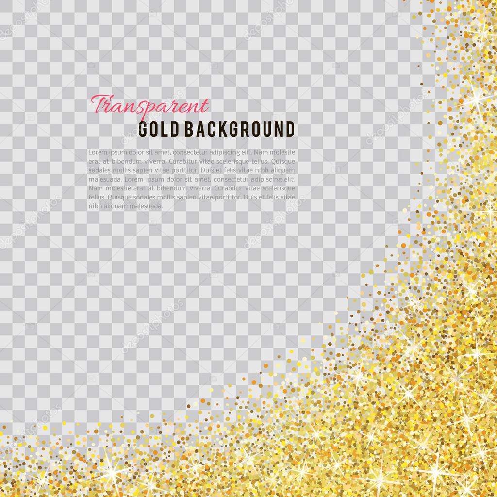 Gold glitter texture isolated on transparent background. Vector illustration for golden shimmer background. Sparkle sequin tinsel yellow bling. For sale gift card, brightly vibrant certificate voucher