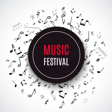 Abstract musical concert flyer with black notes on white background.