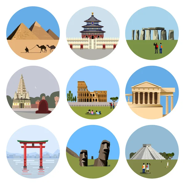 Conjunto de iconos planos de monumentos mundiales — Vector de stock