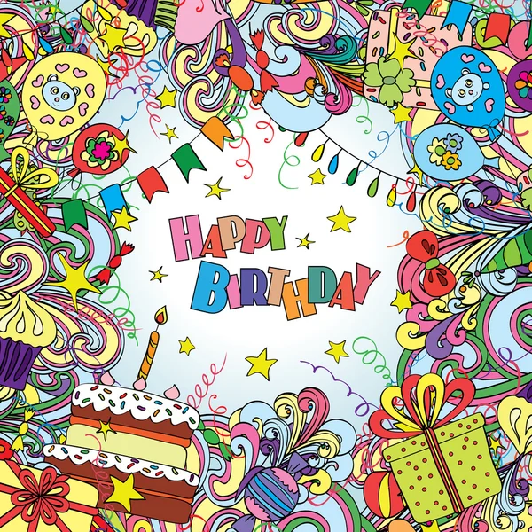 Joyeux anniversaire carte de vœux doodle sur fond avec des éléments de célébration . — Image vectorielle