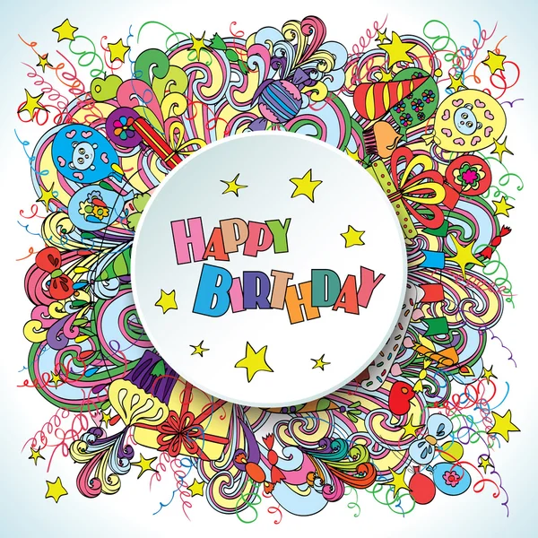 Zadowolony urodziny doodle kartkę z życzeniami na tle z elementów obchodów. — Wektor stockowy