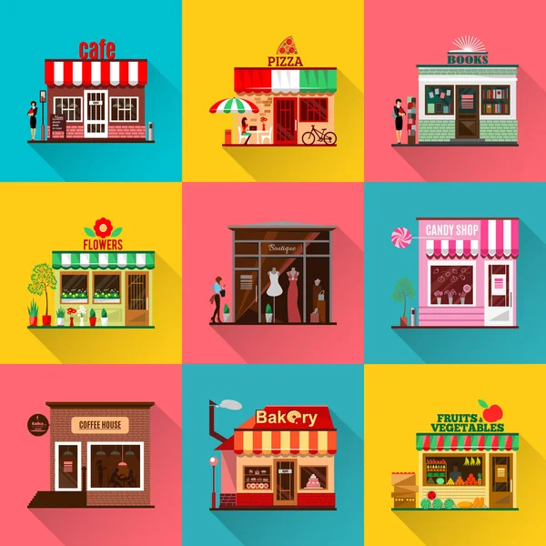 Set of flat shop building facades icons with shadow — Stock Vector