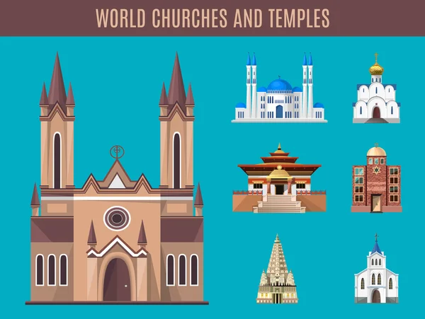 Catedrales, iglesias y mezquitas conjunto de vectores de construcción — Vector de stock