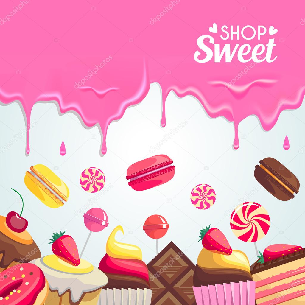 Sweet dessert food frame isolated on white background. Vector illustration for culinary design. Holiday birthday candy. Colorful delicious collection. Macaroon, berry, donut, cookies wallpaper.