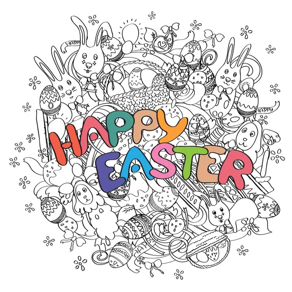 Frohe Ostern isoliert auf schwarz-weißem Doodle-Hintergrund — Stockfoto