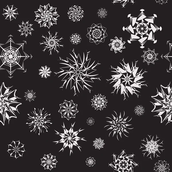 Elegant white snowflakes of various styles isolated on black background