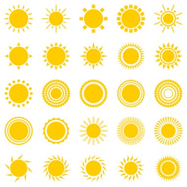 Beyaz arkaplanda izole edilmiş güneş simgeleri.