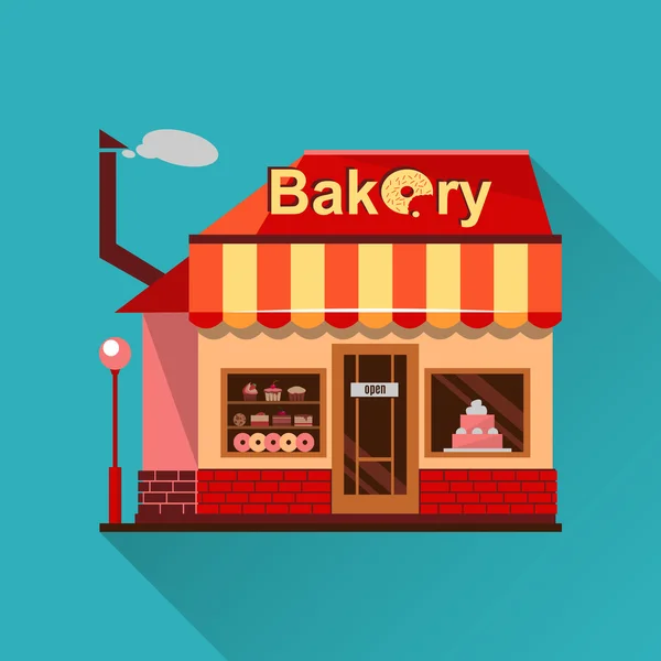 Bakery building with cakes, donuts and pies — Stock Photo, Image