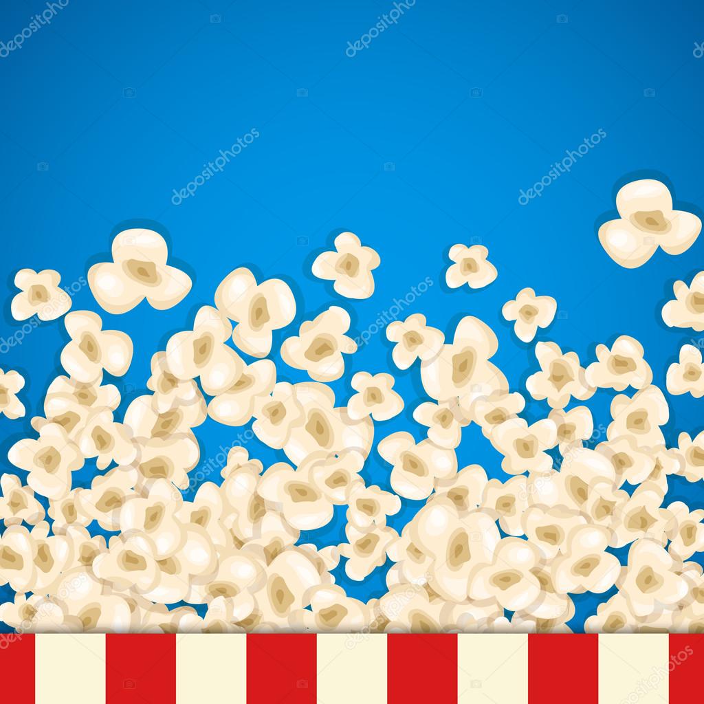 Heap popcorn for movie lies on blue background. Vector illustration for cinema design. Pop corn food pile isolated. Border and frame for film poster flyer. Delicious theater sweet or salted snack.