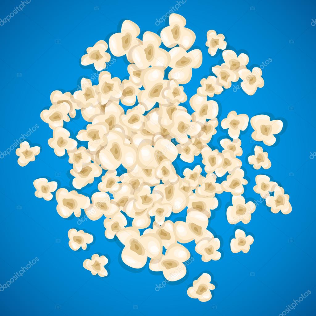 Heap popcorn for movie lies on blue background. Vector illustration cinema design. Pop corn food pile isolated. Border and frame film poster flyer. Delicious theater sweet or salted snack.
