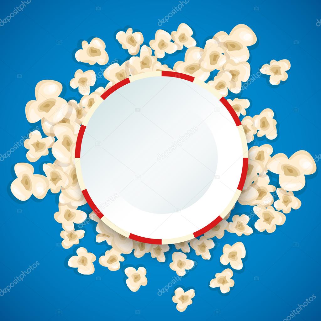 Heap popcorn for movie lies on blue background. Vector illustration for cinema design. Pop corn food pile isolated. Border and frame for film poster flyer. Delicious theater sweet or salted snack.