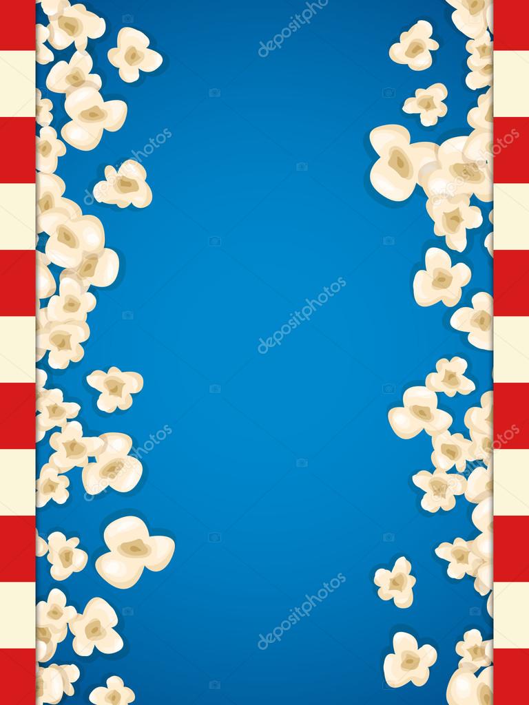 Heap popcorn for movie lies on blue background. Vector illustration for cinema design. Pop corn food pile isolated. Border and frame for film poster flyer. Delicious theater sweet or salted snack.