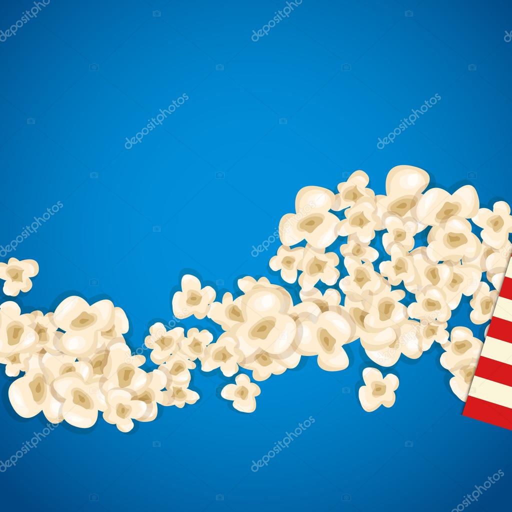 Heap popcorn for movie lies on blue background. Vector illustration for cinema design. Pop corn food pile isolated. Border and frame for film poster flyer. Delicious theater sweet or salted snack.