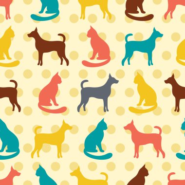 Kedi ve köpek siluetleri hayvan seamless modeli.