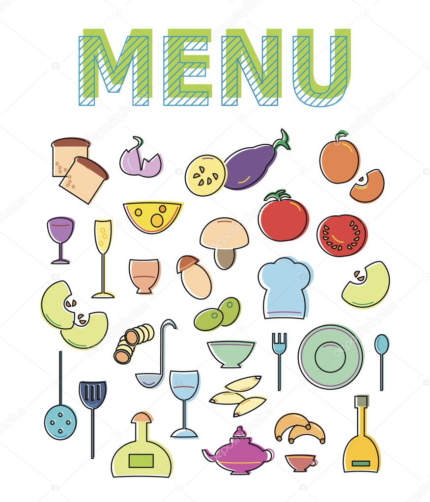 Disegno del ristorante café menu modello Illustrazione di vettore per flyer di cibo Icona colorata luminosa impostato isolato su priorit  bassa bianca