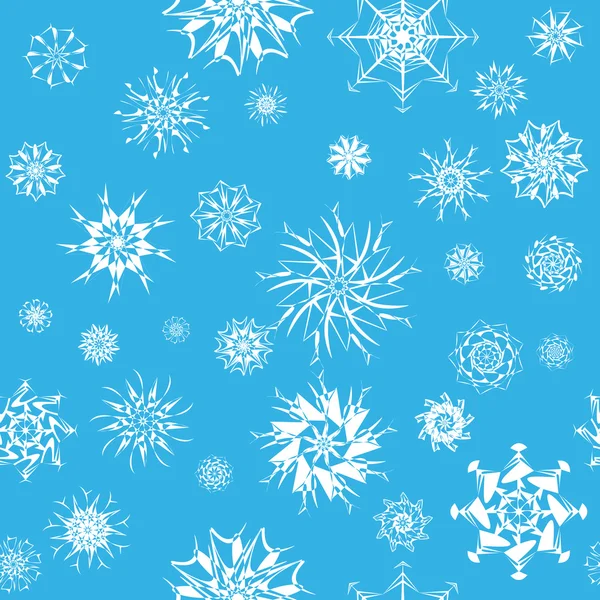 Elegant white snowflakes of various styles isolated on blue background. — Stock Vector