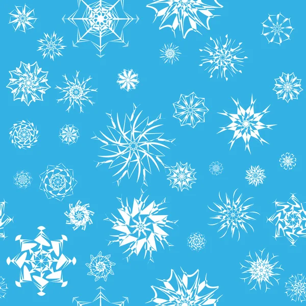 Elegant white snowflakes of various styles isolated on blue background. — Stock Vector