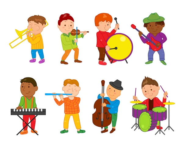 Niños músicos de dibujos animados. Ilustración vectorial para música infantil — Vector de stock