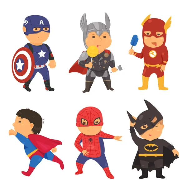 Miúdos fantasiados de super herói dos desenhos animados. Ilustração vetorial para super herói cômico . —  Vetores de Stock
