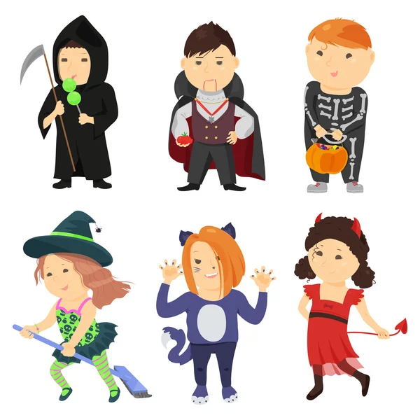 Cute cartoon kids in halloween costumes — Stock Vector