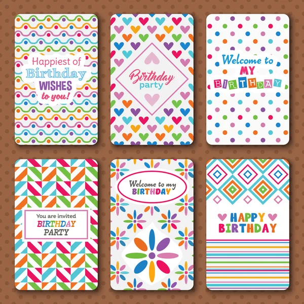 Conjunto de brillantes tarjetas de invitación feliz cumpleaños — Archivo Imágenes Vectoriales