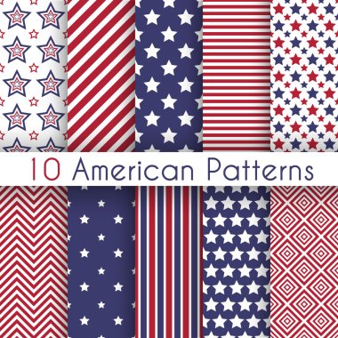 Patriotic red, white and blue geometric seamless patterns
