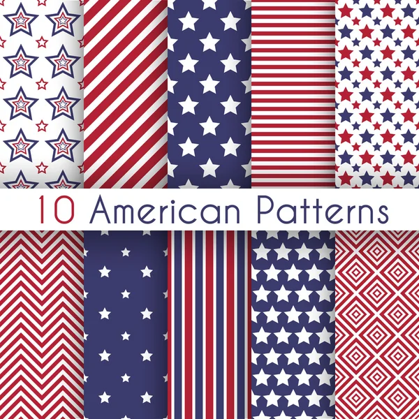 Patriotic red, white and blue geometric seamless patterns — Stock Vector