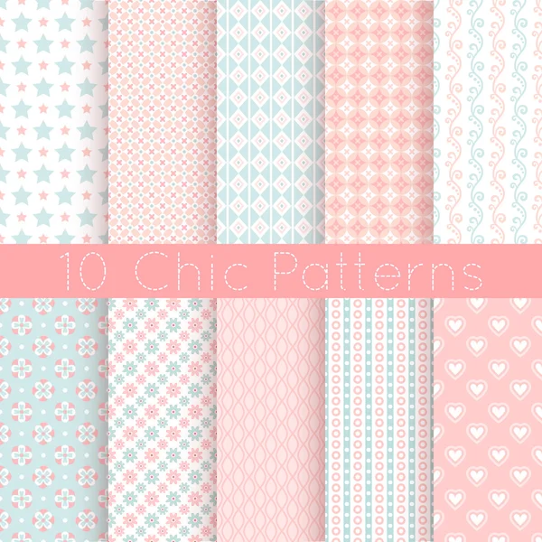 Chic different vector seamless patterns. Pink, white and blue — Stock Vector