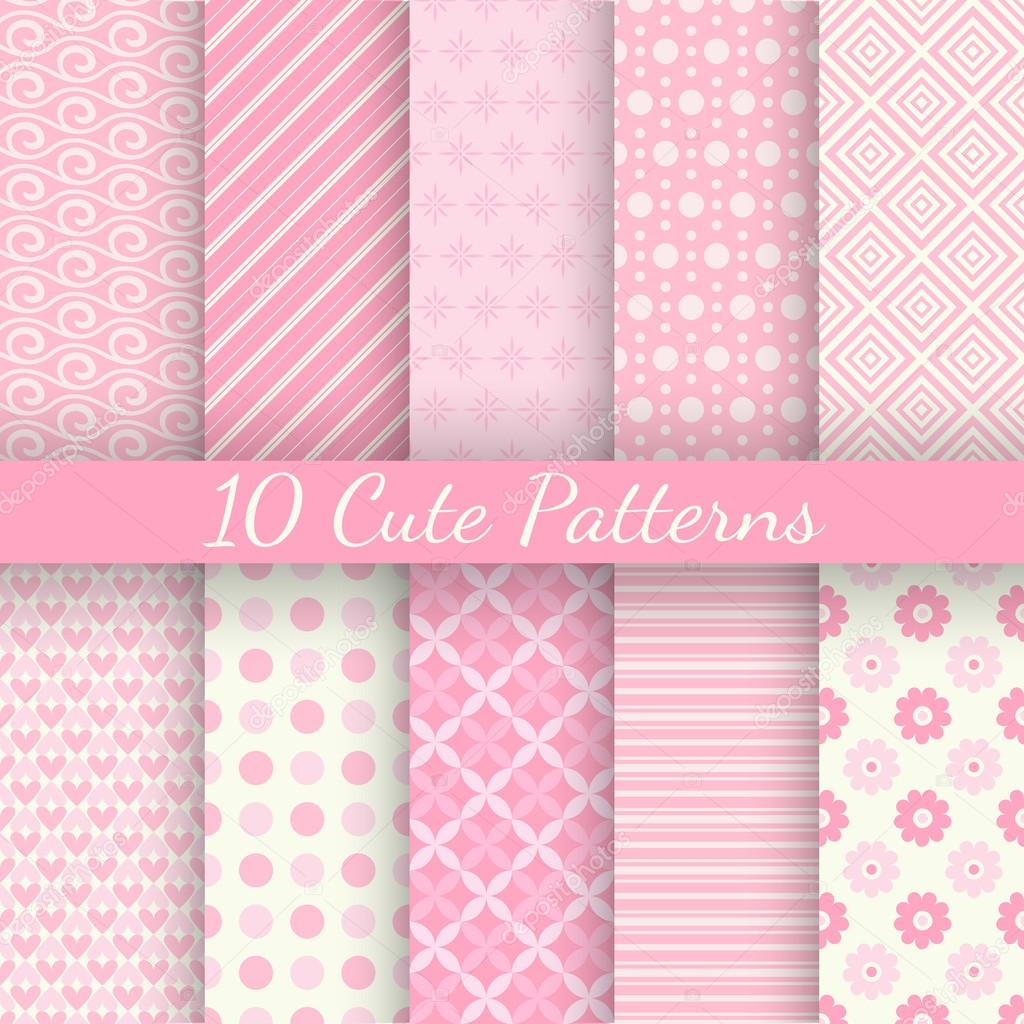 Cute different vector seamless patterns. Pink and white color