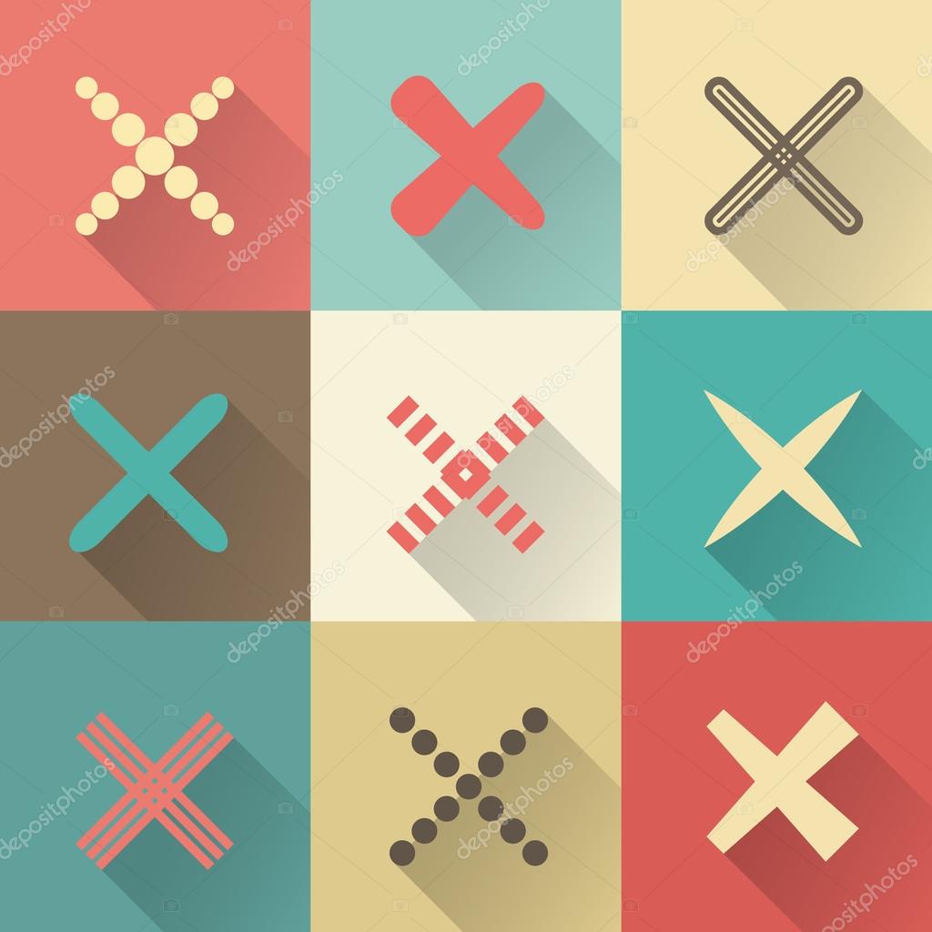 Set of different retro vector crosses and tics. Confirmation, right and wrong choices, task completion, voting, etc. isolated on white background. Red, brown and green colors. Elements in flat design.
